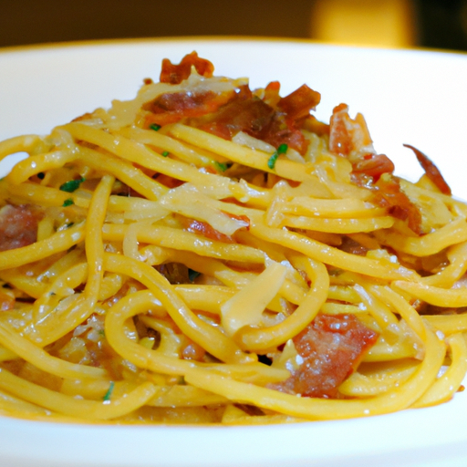 צלחת ספגטי קרבונרה מבושלת בצורה מושלמת, מעוטרת בפנצ'טה פריכה ואבק של גבינת פקורינו.